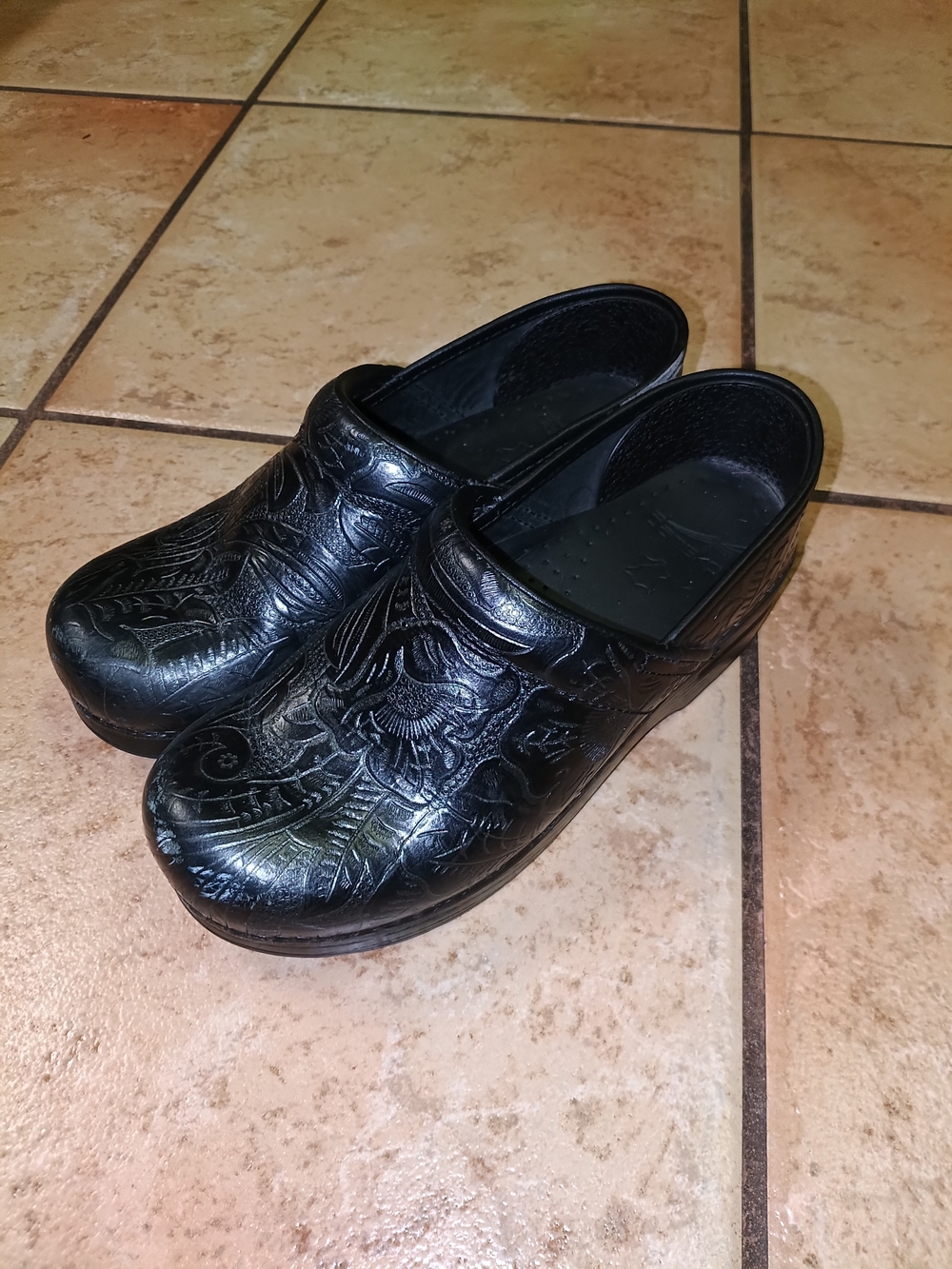 Dansko Black Embossed Leather Slip-On Clogs